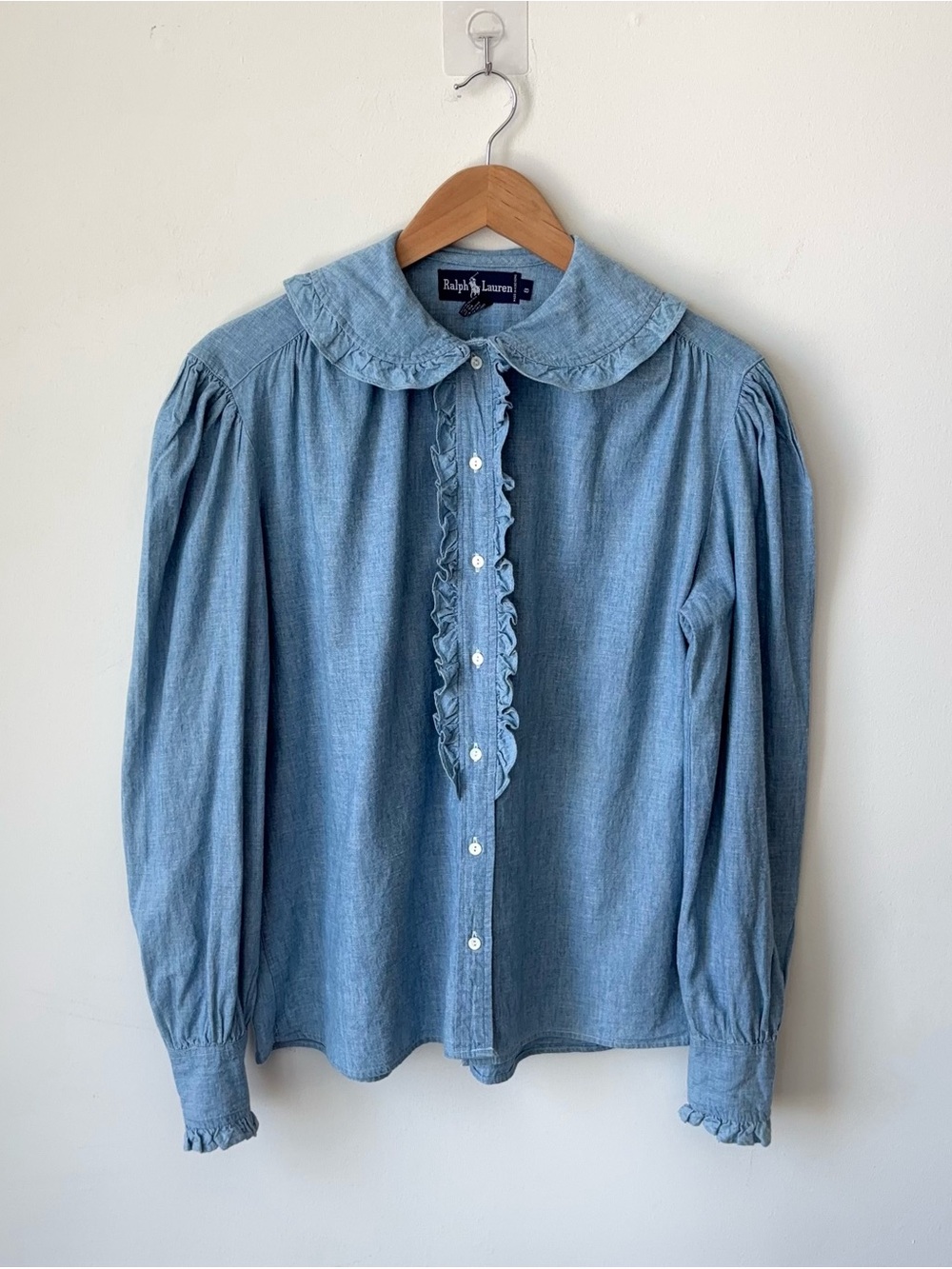 Vintage 80s Ralph Lauren Ruffle Trim Collar Chambray Blouse Shirt Size 8 Prairie